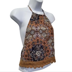 American Eagle Boho Halter Top S Floral Brown Festival Open Back Tie Goblincore